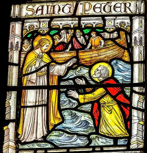 Jesus Calling St. Peter Sea of Galilee stained glass, St. Petroc Church, Dartmouth, Devon, England. European Print